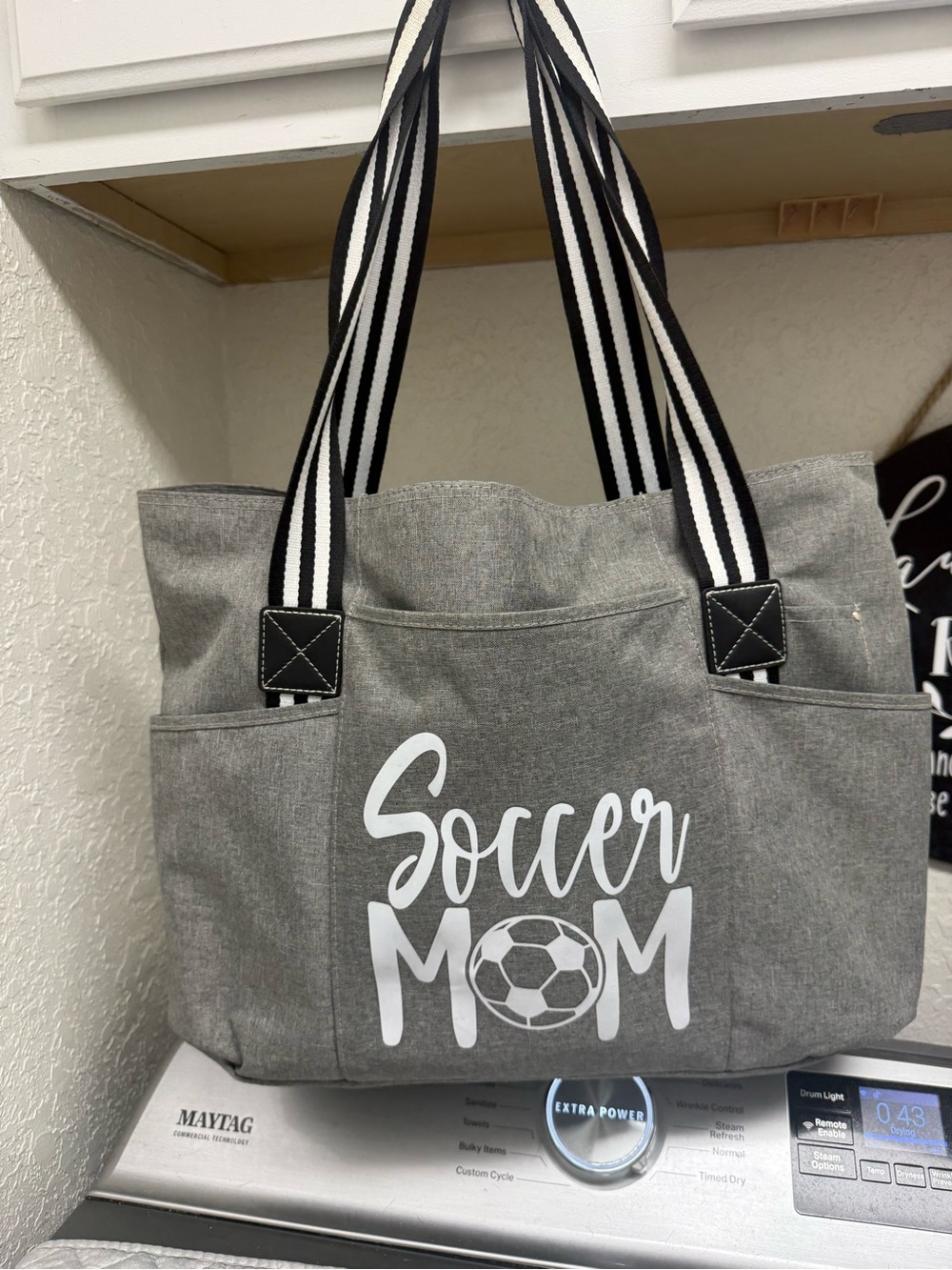 Soccer Mom Grey Tote Bag with Striped Handles